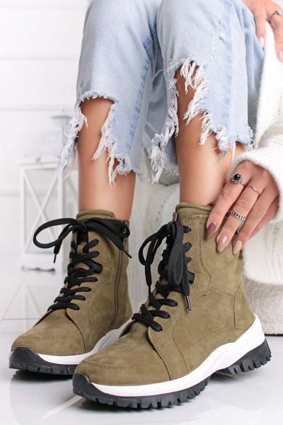 Hnědozelené kožené kotníkové šněrovací boty 9-26259